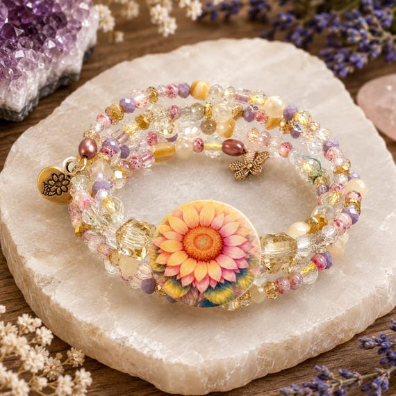 Summer Bloom Enchantment Wrap Bracelet - Floral Memory Wire Bracelet, Crystal Wrap Bracelet, Cottagecore Jewelry, Handmade Garden Inspired