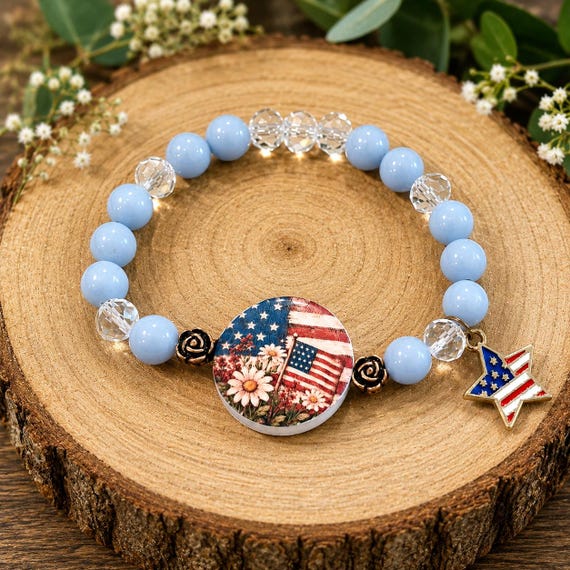 Liberty’s Light Bracelet | Angelite & Crystal Patriotic Bracelet | 250th Fourth of July Celebration Jewelry | Limited Edition USA Flag
