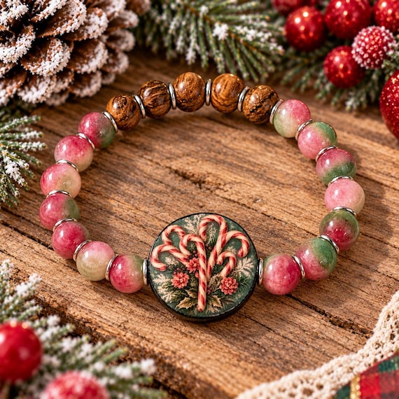 Candy Cane Christmas Bracelet, Tourmaline Colored Jade Gemstone Bracelet, Artisan Wood Bead, Holiday Jewelry, Pink Green Christmas Gift