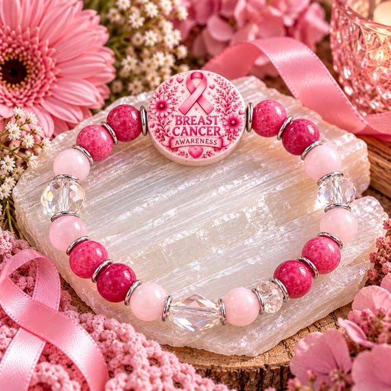 Love Hope & Courage Breast Cancer Awareness Bracelet | Rose Quartz Kunzite Cherry Jade | Pink Ribbon Jewelry | Reiki Infused