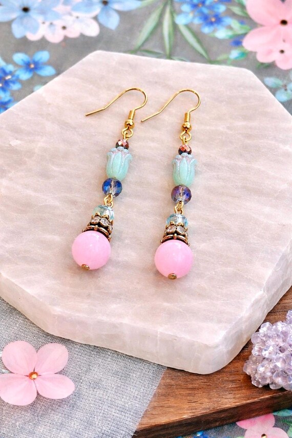Pastel Bloom Gemstone Earrings – Kunzite & Rainbow Hematite, Czech Glass Tulips, Gold Tone Floral Dangles, Dreamy Spring Jewelry