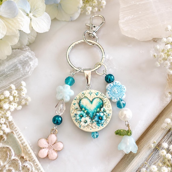 Ocean Heart Enchantment Purse Charm Keychain – Handmade Double-Sided Heart Art | Turquoise Blue Beaded Bag Charm | Coastal Cottage Gift