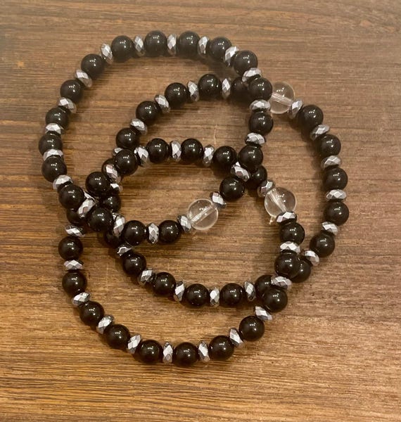 Gemstone Bracelet - Black Obsidian Clear Quartz / Hematite Crystal Healing, Protection Jewelry