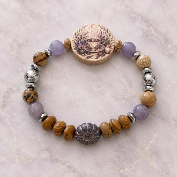 Lavender Moon Tea Garden Bracelet, Tanzanian Lepidolite Petrified Wood Silver Hematite, Artisan Teacup Jewelry