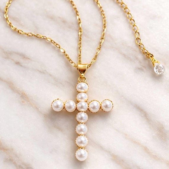 Mother of Pearl Cross Necklace – 18K Gold Plated, Clear Quartz Accent, Faith Jewelry