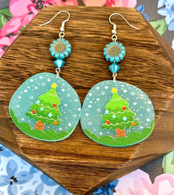Apatite Gemstone Christmas Tree Earrings: Czech Glass Sunflower, Hypoallergenic