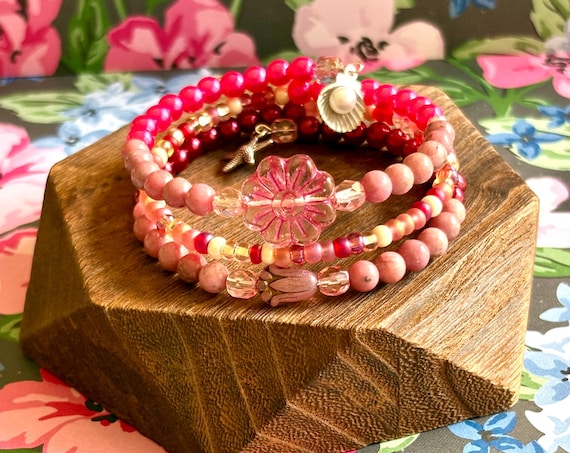 Seashell Bloom Wrap – Rhodonite Gemstone Summer Bracelet with Czech Glass Florals, Seed Beads & Ocean Charms – Handmade Summer Lovin Jewelry