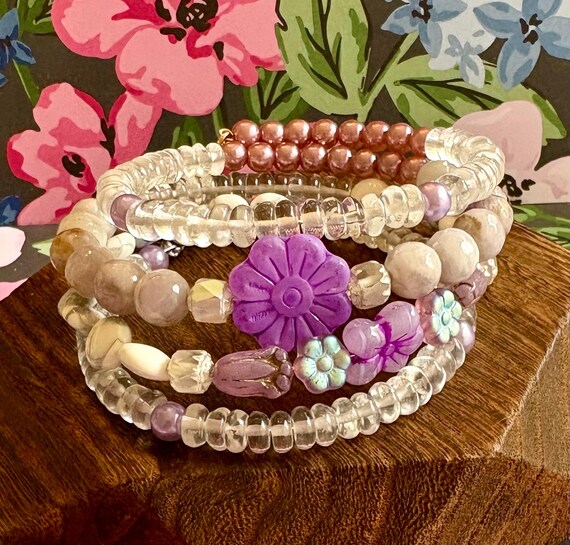 Petals of Radiant Bloom Gemstone Coil Wrap Bracelet – Summer Lovin’ Collection – Amethyst, Quartz and Czech Glass Flowers with Rose Charm
