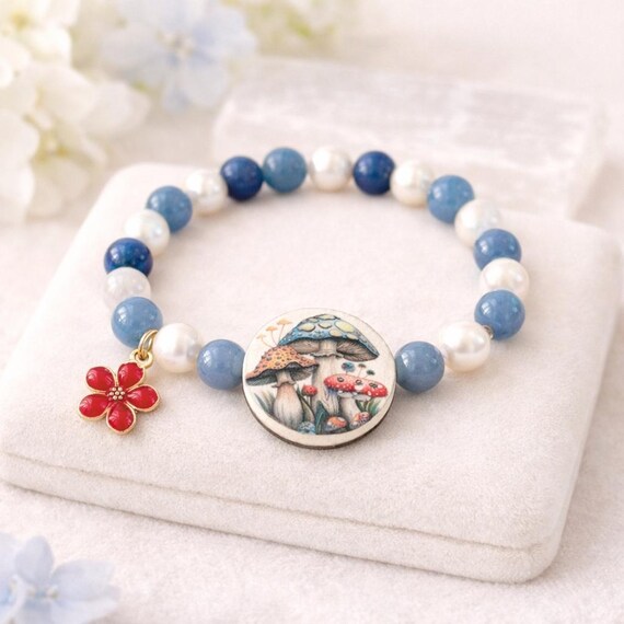 Woodland Mushroom Bracelet, Rose Quartz Aventurine Bracelet, Whimsical Nature Jewelry, Cottagecore Bracelet, Enchanted Forest Jewelry Gift