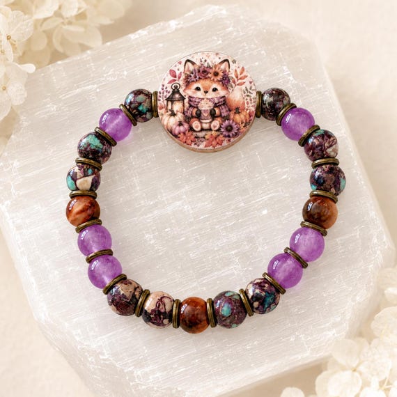 Foxglove Lantern Gemstone Bracelet | Jade, Imperial Jasper & Orange Tiger Eye | Storybook Fox Jewelry | Artisan Focal