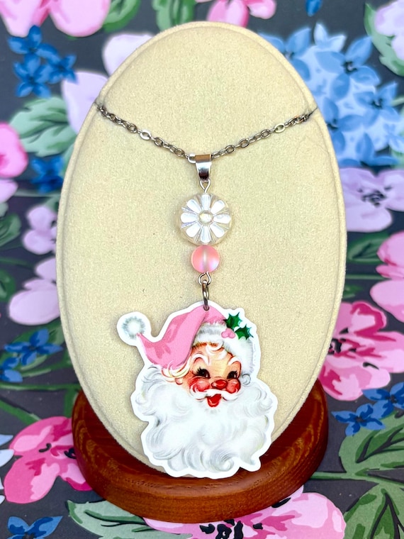 Pink Santa Pendant Necklace: Mystic Aura Quartz & Czech Glass Snowflake