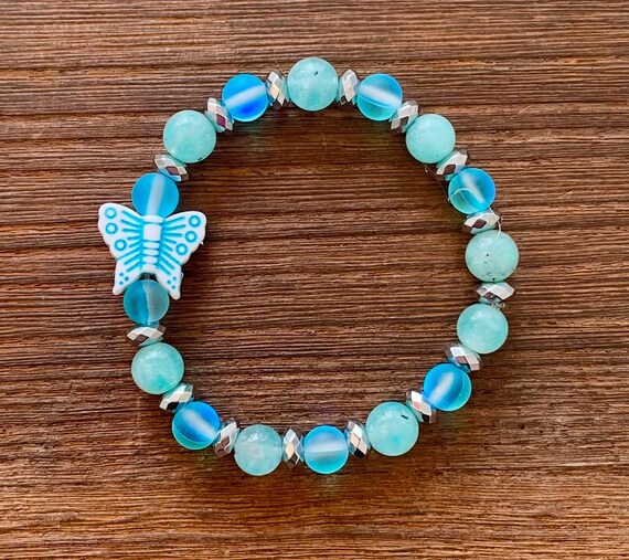 Kid's Gemstone Bracelet - Aqua Amazonite / Hematite / Mystic Aura Quartz  Crystal Healing Bracelets, Little Love’s Baby Blue Butterfly