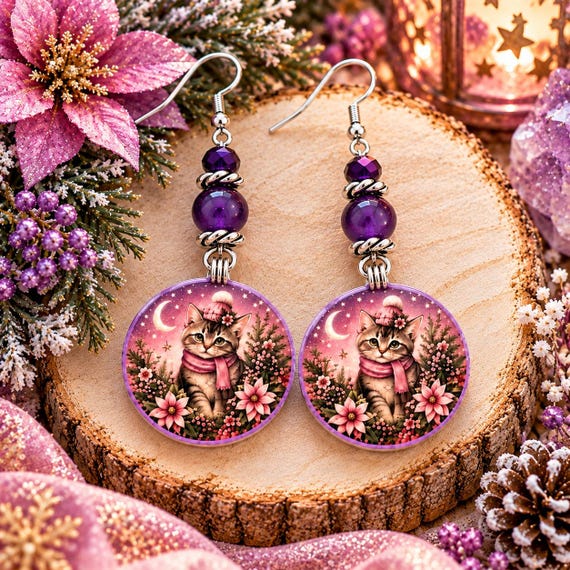Purrs & Purple Poinsettia Wishes Earrings | Amethyst Gemstone Jewelry | Whimsical Kitty Cat Earrings | Purple Floral Gift
