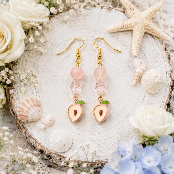 Peaches & Petals Enchantment Earrings | Pink Jade Crystal Earrings | Peach Charm Earrings | Gold Stainless Steel Earrings | Whimsical Fruit