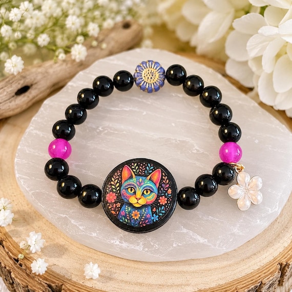 Miss Rainbow Whiskers Enchantment Bracelet | Black Onyx & Hot Pink Jade Gemstone Bracelet | Whimsical Cat Jewelry | Handmade