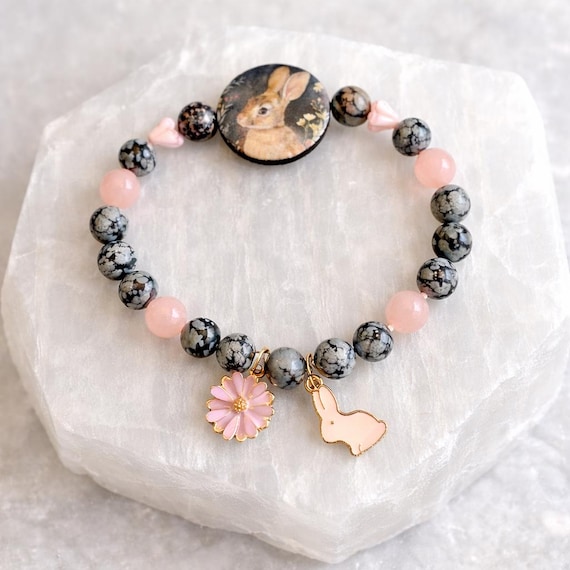 Snowflake Obsidian Pink Jade Rhodonite Bunny Bracelet, Enamel Charm Jewelry