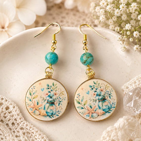 Sea Glass Bouquet Gemstone Earrings - Handmade Coastal Earrings, Double-Sided Artisan Wood Earrings, Turquoise Gemstones, stainless steel
