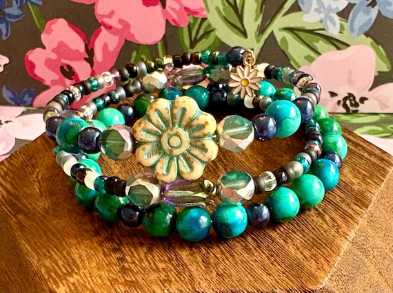 Ocean Garden Bloom Wrap – Summer Lovin’ Gemstone Coil Bracelet with Azurite, Czech Glass Flowers, Tulips, and Gold Daisy Charms