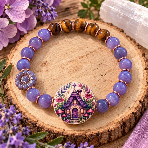 Lavender Fairy Cottage Enchantment Bracelet | Lepidolite Gemstone Bracelet | Whimsical Cottagecore Jewelry | Fairy Garden Gift