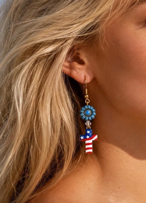Faith & Freedom Blossoms Earrings – Red or Americana Blue Czech Glass Flowers, Star Cut Clear Quartz, Patriotic Cross Earrings