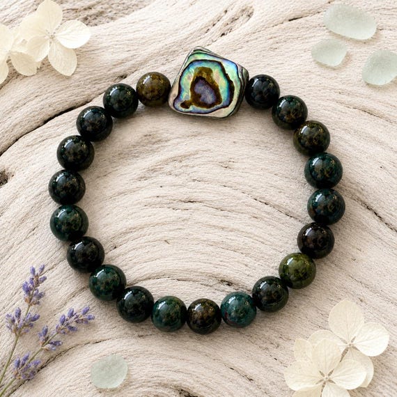 Forest Tide Abalone Bracelet, Bloodstone Gemstone Jewelry, Iridescent Shell Focal, Green Stretch Bracelet, Gift for Her