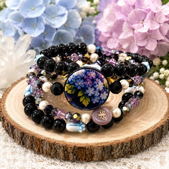 Hydrangea Twilight Enchantment Wrap Bracelet | Black Onyx Gemstones | Handmade Hydrangea Wood Focal | Four Coil Memory Wire Bracelet
