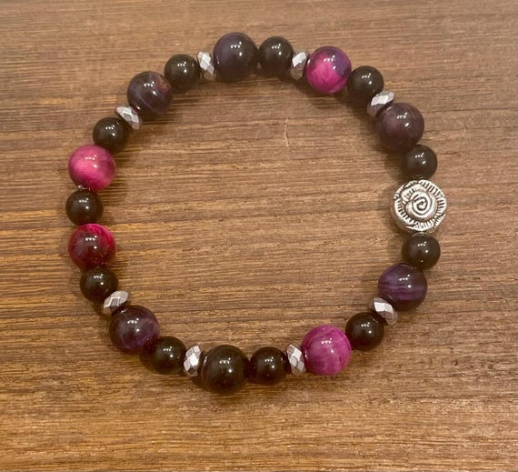 Gemstone Bracelet - Black Obsidian / Hematite / Tigers Eye Crystal Healing, Rose Flower