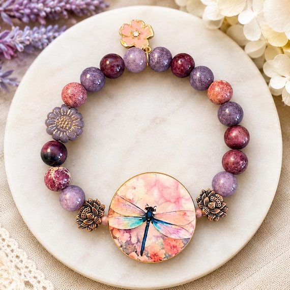 Dragonfly Garden Enchantment Bracelet • Lepidolite, Sugilite, Purple Chalcedony & Galaxy Sea Sediment Jasper • Handmade Artisan Bracelet