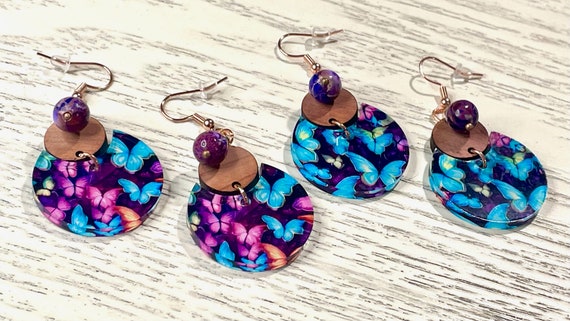 Gemstone Earrings - Purple Sea Sediment Imperial Jasper Crystal Healing, Butterfly Earrings