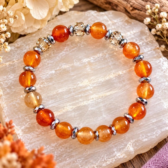 Autumn Ember Glow Carnelian Gemstone Bracelet, Czech Glass Bracelet, Silver Hematite, Fall Jewelry, Orange Crystal Bracelet