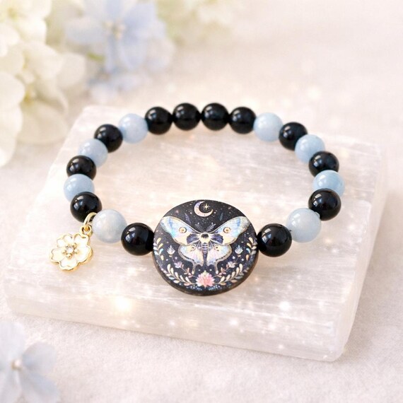 Midnight Moth Bracelet, Black Tourmaline Angelite Bracelet, Protection & Calm Gemstone Bracelet, Spiritual Jewelry, Enchanted Moth Jewelry