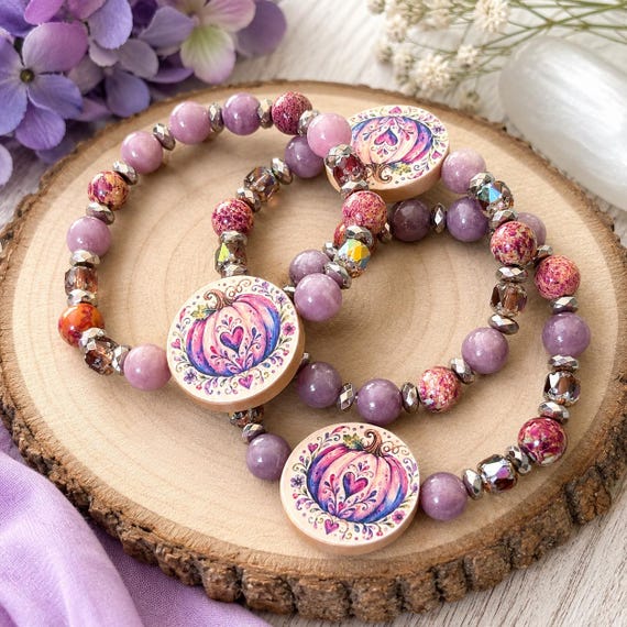 Pink Pumpkin Bracelet • Lepidolite Gemstone Bracelet • Galaxy Sea Sediment Jasper • Silver Hematite • Handmade Fall Jewelry • Cottagecore
