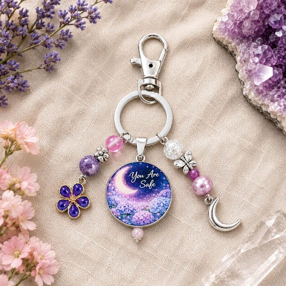 Moonlit Hydrangea Dreams Keychain • You Are Safe Inspirational Purse Charm • Mystic Aura Quartz & Chalcedony Gemstone Bag Charm • Butterfly