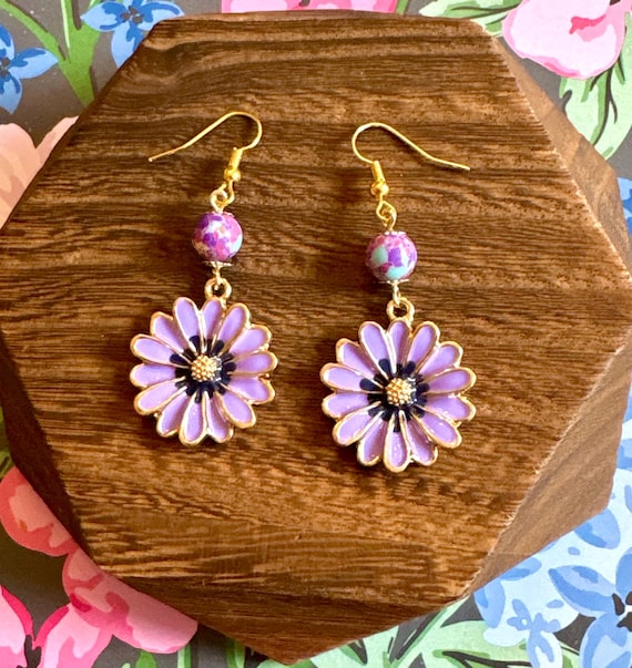 Lavender Galaxy Jasper Flower Earrings: Gold Surgical Steel, Handmade