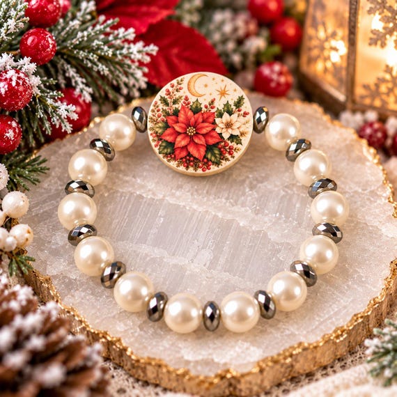 Poinsettia Pearl Bracelet, Natural Pearl Hematite Bracelet, Christmas Gemstone Jewelry, Artisan Wood Bead, Holiday Gift for Her