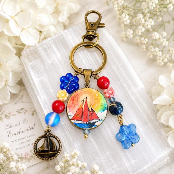 Sunset Sail Blessings Gemstone Charm | Sailboat Bag Charm | Nautical Keychain | Sea Sediment Jasper | Mystic Aura Quartz | Coastal Gift