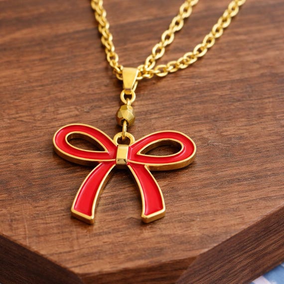 Crimson Promise Bow Necklace – Gold Hematite & Red Enamel Bow, Hypoallergenic Gold Tone Chain