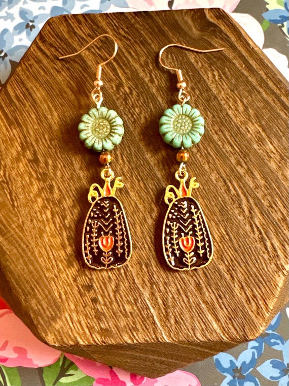 Harvest Garden Whispers Earrings – Czech Glass Flowers, Hematite and Enamel Pumpkin Charms – Rose Gold Hypoallergenic Autumn Jewelry