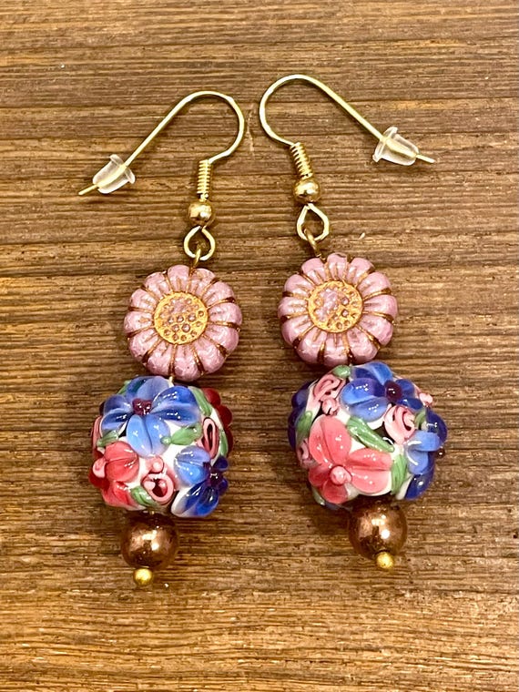 Gemstone Earrings - Hematite Crystal Healing, Pink and Blue Floral