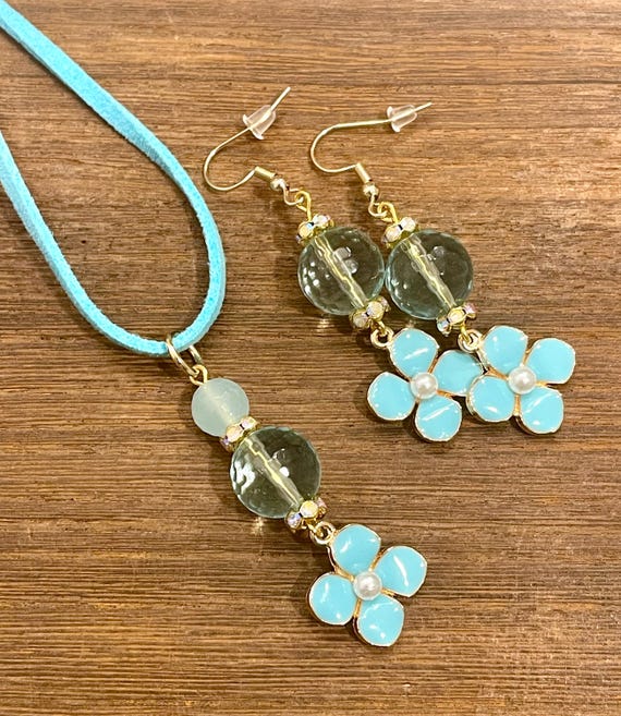 Gemstone Necklace / Earrings - Aquamarine Quartz / Blue Chalcedony Crystal Healing, Flower Blossom Jewelry