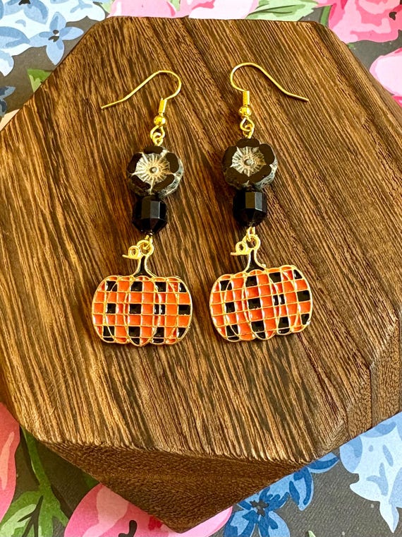 Plaid Pumpkin Earrings: Black Tourmaline, Czech Glass, Hypoallergenic
