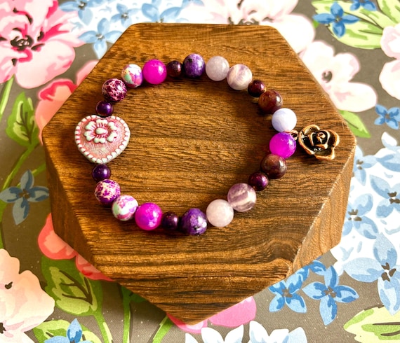 Sugilite & Lepidolite Bracelet | Amethyst, Purple Jade, Copper Rose Charm