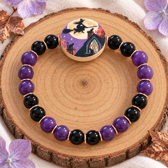 Halloween Moonflight Enchantment Bracelet, Black Onyx Purple Jade Gemstone Bracelet, Flying Witch Jewelry, Double-Sided Wood Focal