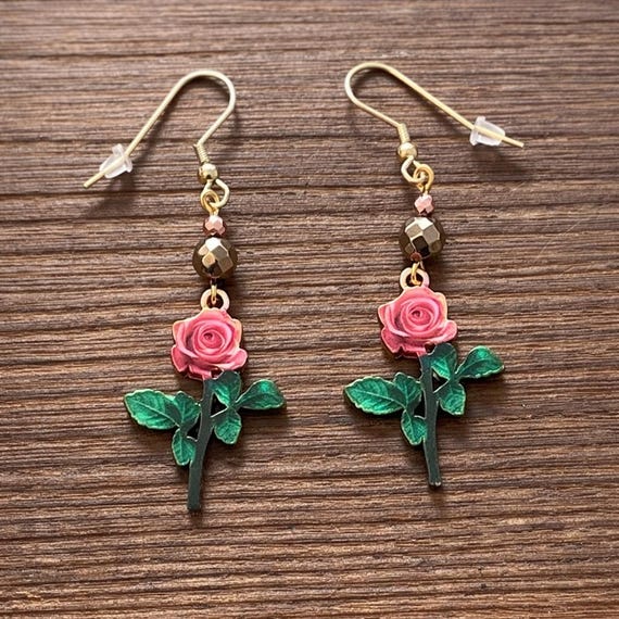 Enamel Rose Earrings – Hematite Gemstone, Hypoallergenic Stainless Steel