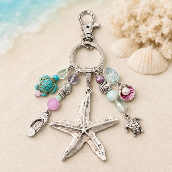 Seaside Starlight Enchanted Purse Charm Keychain • Beach Gemstone Bag Charm • Starfish Turtle Coastal Keychain • Ocean Lover Gift • Reiki