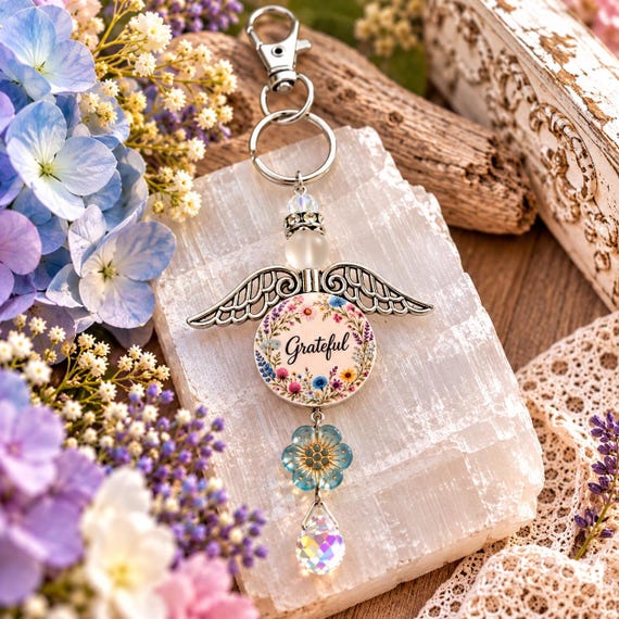 Grateful Garden Blessing Purse Charm, Mystic Aura Quartz Keychain, Angel Wings Floral Bag Charm, Gratitude Gift, Crystal Accessory