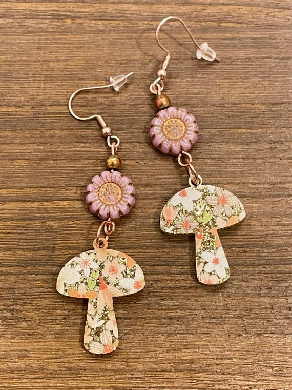 Gemstone Earrings - Titanium Hematite Crystal Healing, Floral Mushroom Jewelry