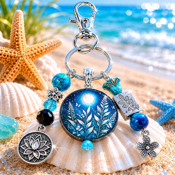 Moonlit Tides Enchanted Purse Charm Keychain • Turquoise & Blue Green Tiger’s Eye Gemstones • Lotus Flower Charm • Coastal Boho Bag Charm