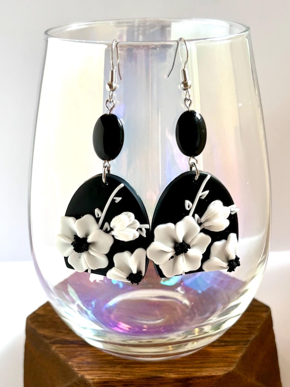 Enchanted Moonflower Blooms Earrings | Black Onyx & White Floral Polymer Clay | Hypoallergenic Silver Tone