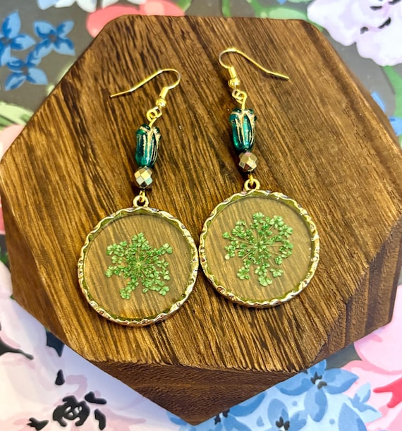 Pressed Flower Resin Earrings: Czech Glass Tulips, Gold Hematite - Hypoallergenic